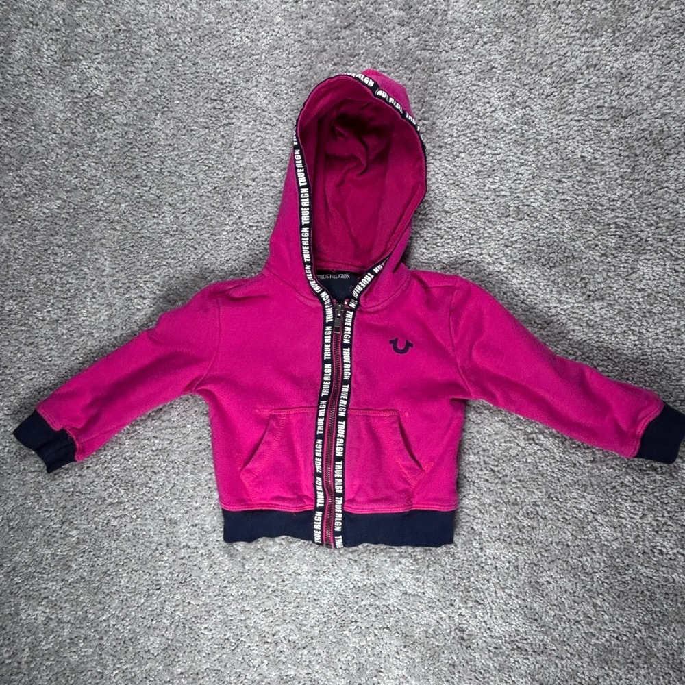 True Religion Kids Pink Navy Blue Full Zip Logo Tape Hoodie TR637ST101 Size 18M